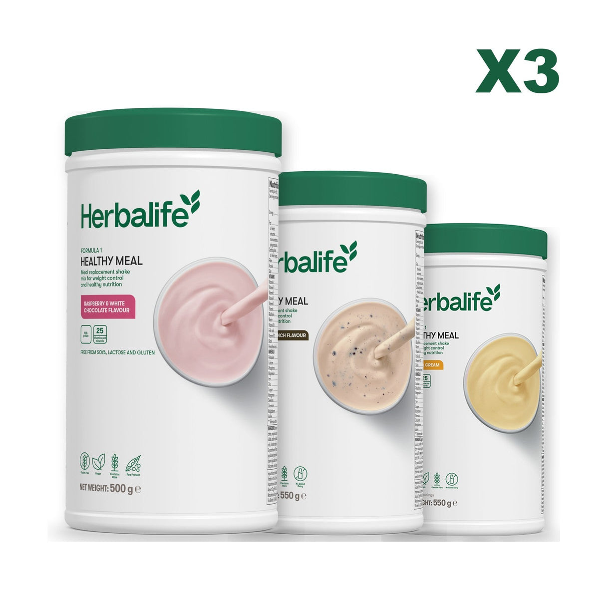 Three Formula 1 shake tubs led by Free From Raspberry and White Chocolate, plus two flavours you choose, Cookie Crunch / Banana Cream