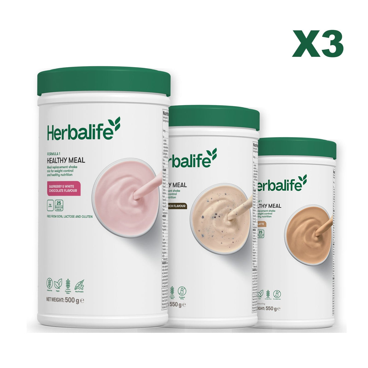 Three Formula 1 shake tubs led by Free From Raspberry and White Chocolate, plus two flavours you choose, Cookie Crunch / Cafe Latte