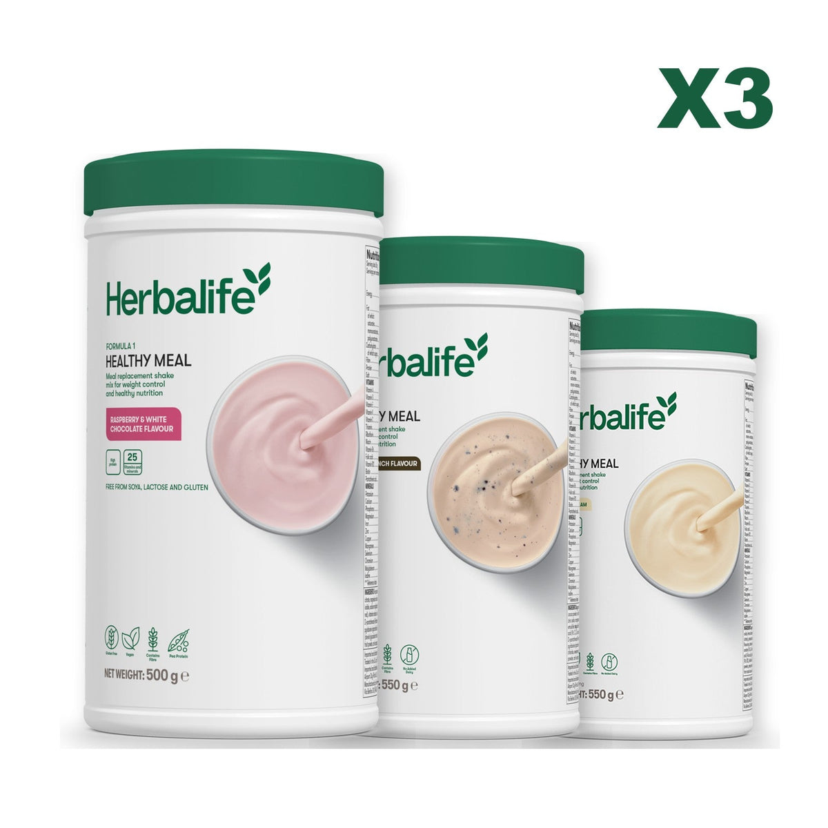 Three Formula 1 shake tubs led by Free From Raspberry and White Chocolate, plus two flavours you choose, Cookie Crunch / Vanilla