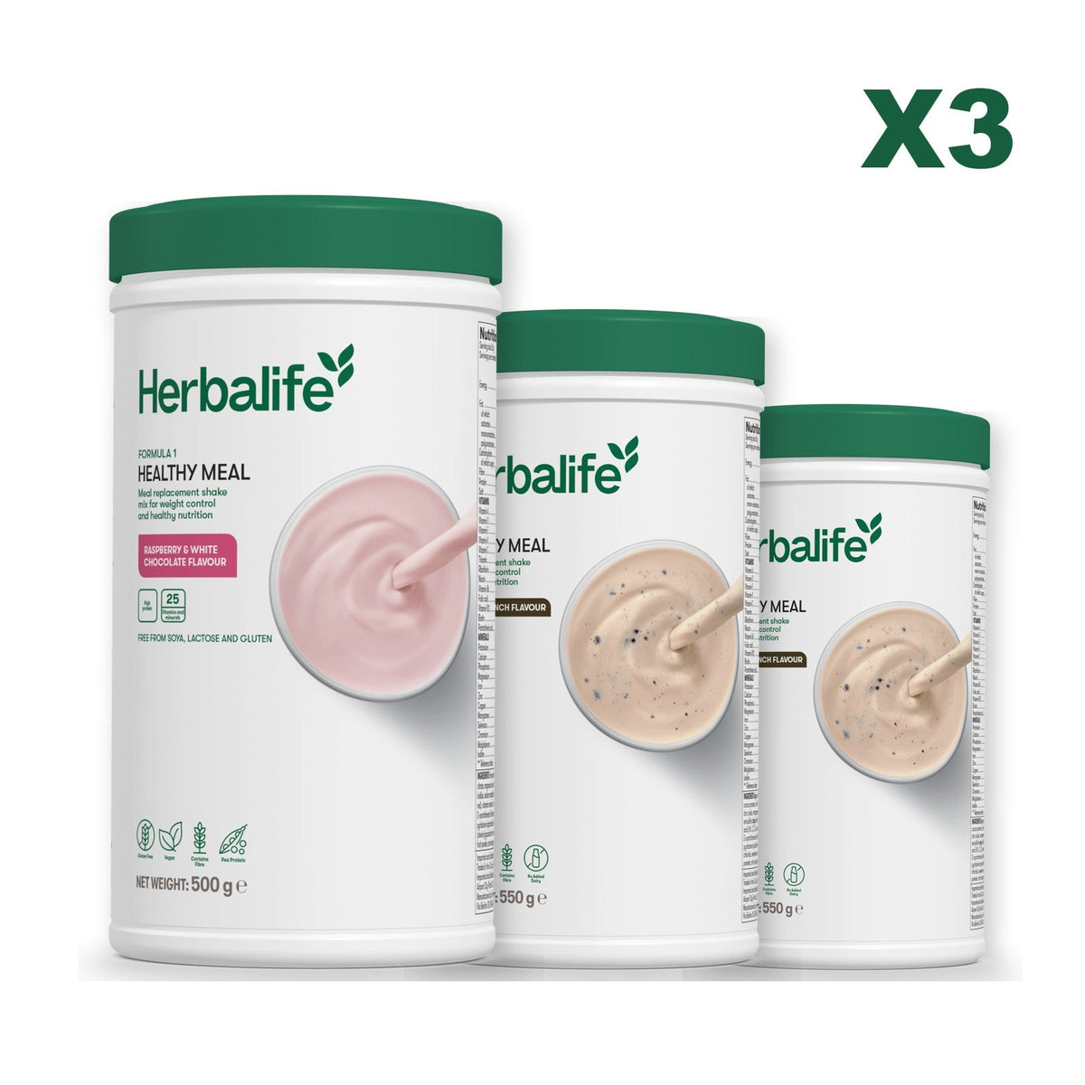 Three Formula 1 shake tubs led by Free From Raspberry and White Chocolate, plus two flavours you choose, Cookie Crunch / Cookie Crunch