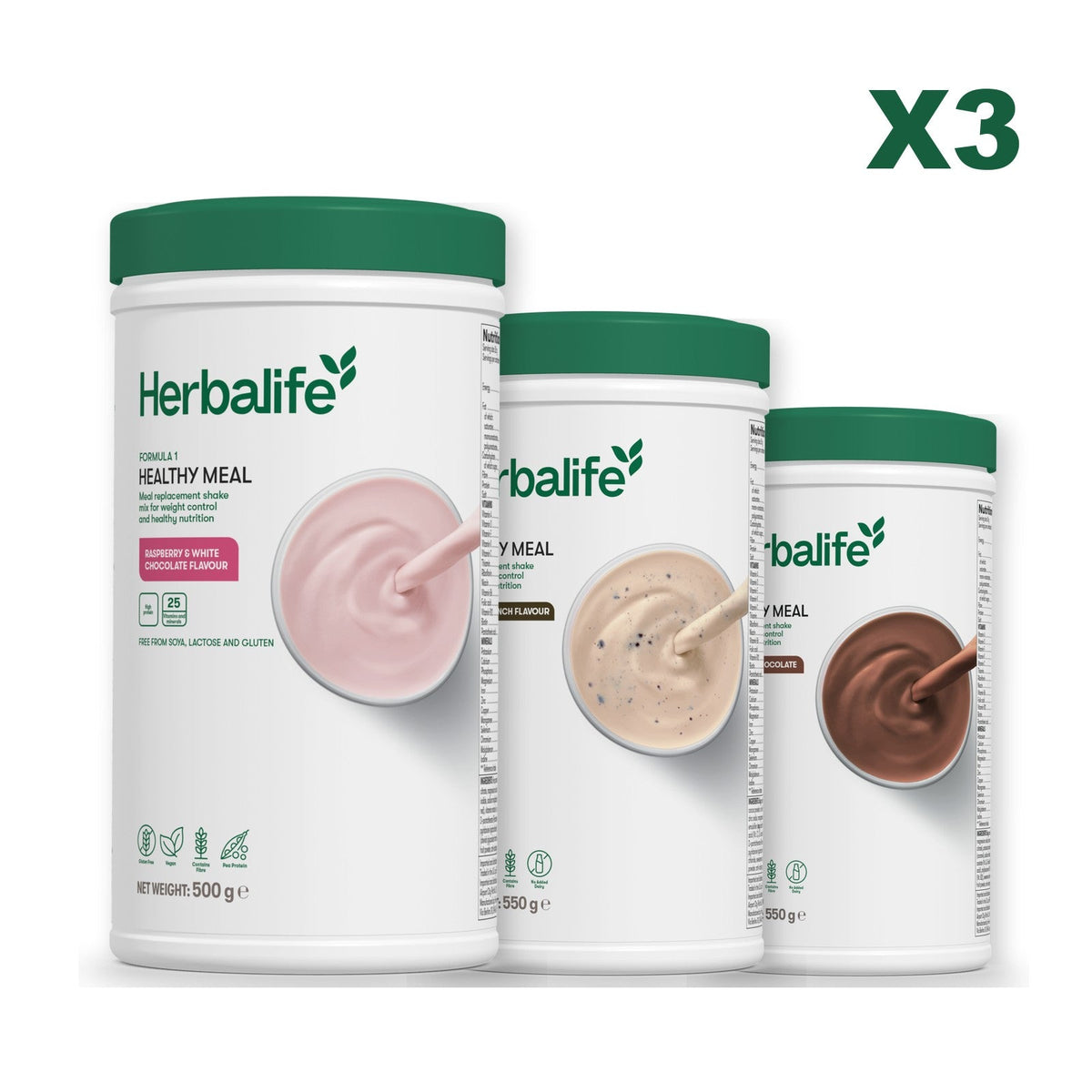 Three Formula 1 shake tubs led by Free From Raspberry and White Chocolate, plus two flavours you choose, Cookie Crunch / Chocolate