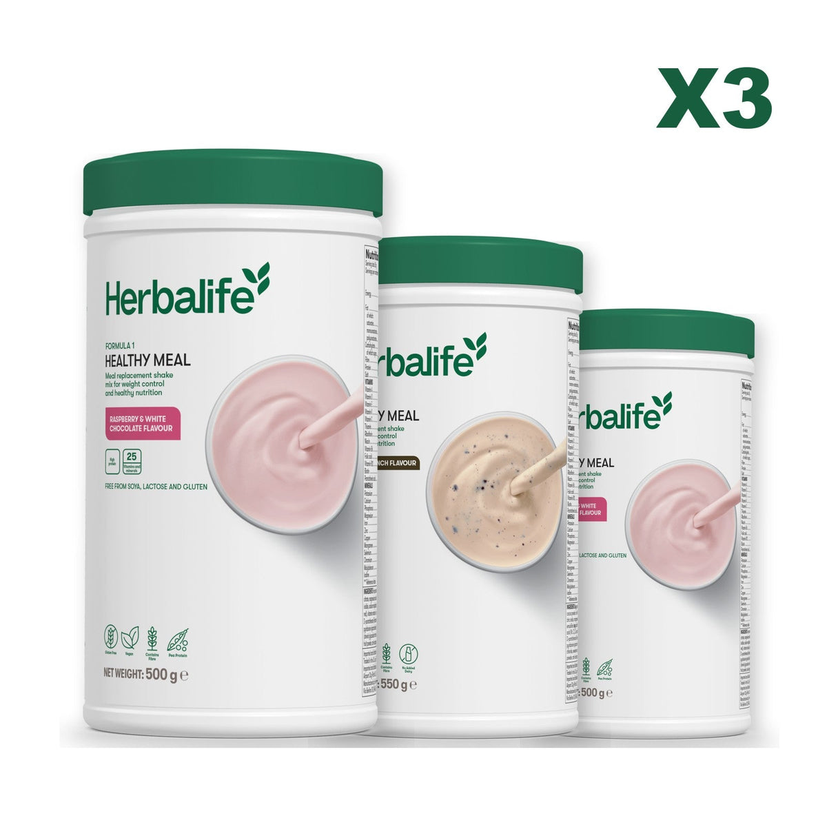 Three Formula 1 shake tubs led by Free From Raspberry and White Chocolate, plus two flavours you choose, Cookie Crunch / Free From Raspberry & White Chocolate