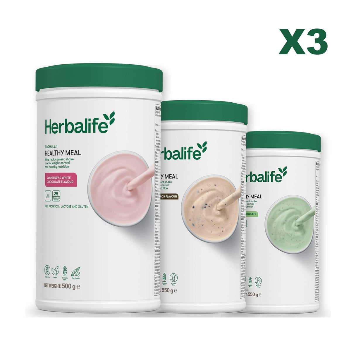 Three Formula 1 shake tubs led by Free From Raspberry and White Chocolate, plus two flavours you choose, Cookie Crunch / Mint Chocolate