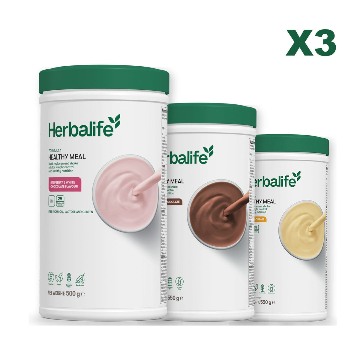 Three Formula 1 shake tubs led by Free From Raspberry and White Chocolate, plus two flavours you choose, Chocolate / Banana Cream