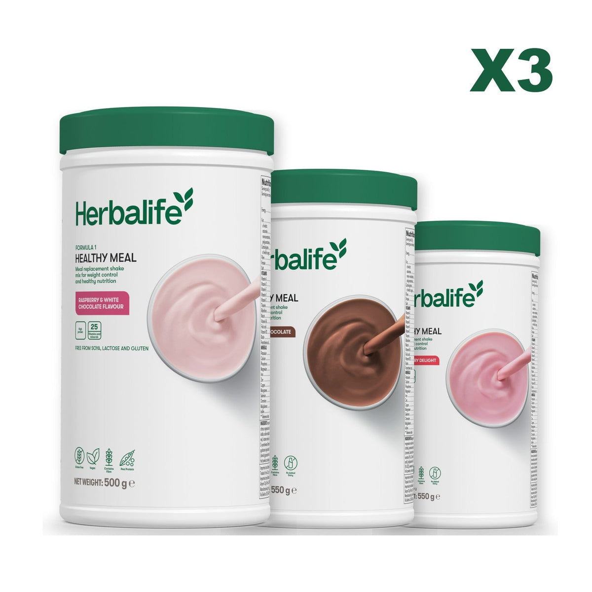 Three Formula 1 shake tubs led by Free From Raspberry and White Chocolate, plus two flavours you choose, Chocolate / Strawberry