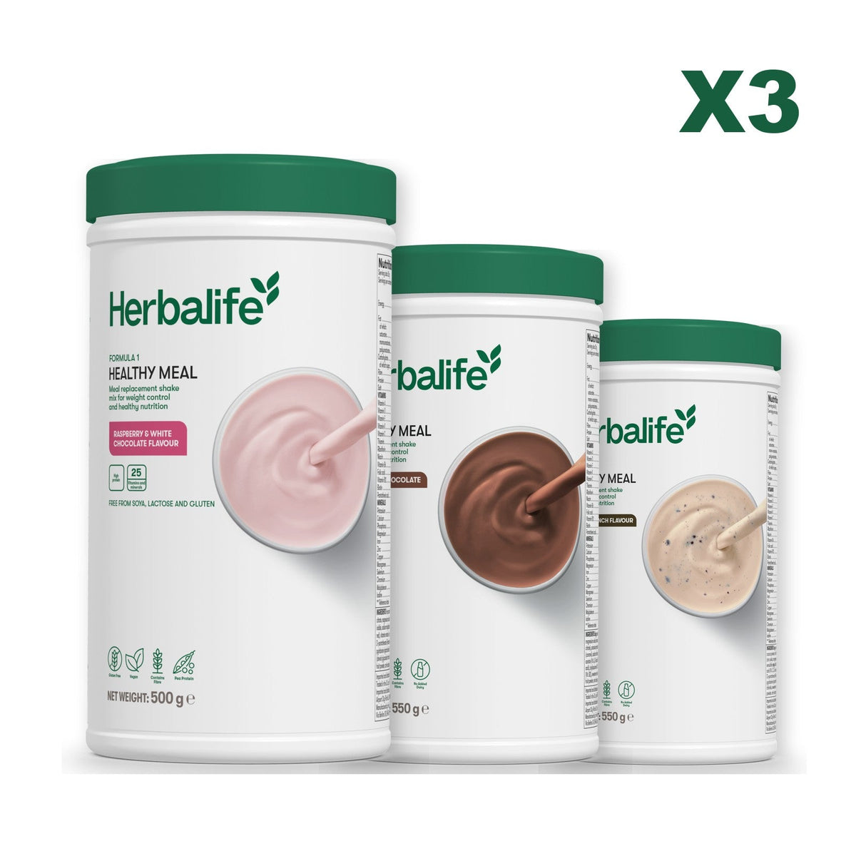 Three Formula 1 shake tubs led by Free From Raspberry and White Chocolate, plus two flavours you choose, Chocolate / Cookie Crunch