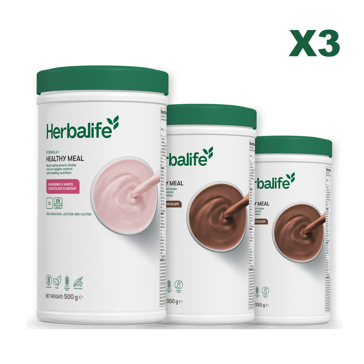 Three Formula 1 shake tubs led by Free From Raspberry and White Chocolate, plus two flavours you choose, Chocolate / Chocolate