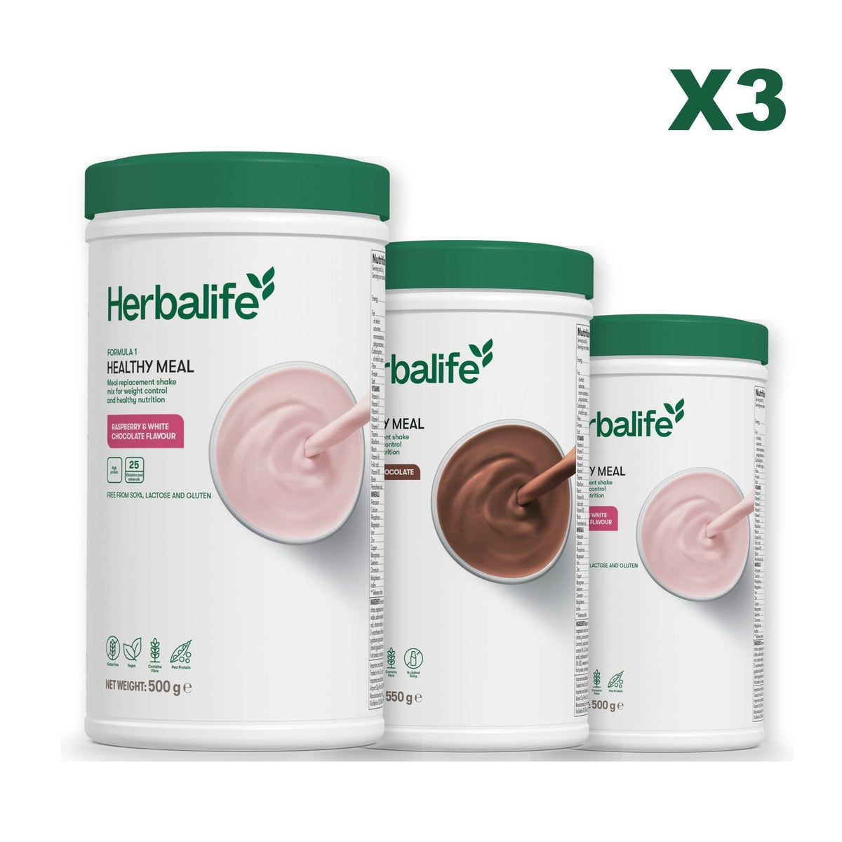 Three Formula 1 shake tubs led by Free From Raspberry and White Chocolate, plus two flavours you choose, Chocolate / Free From Raspberry & White Chocolate