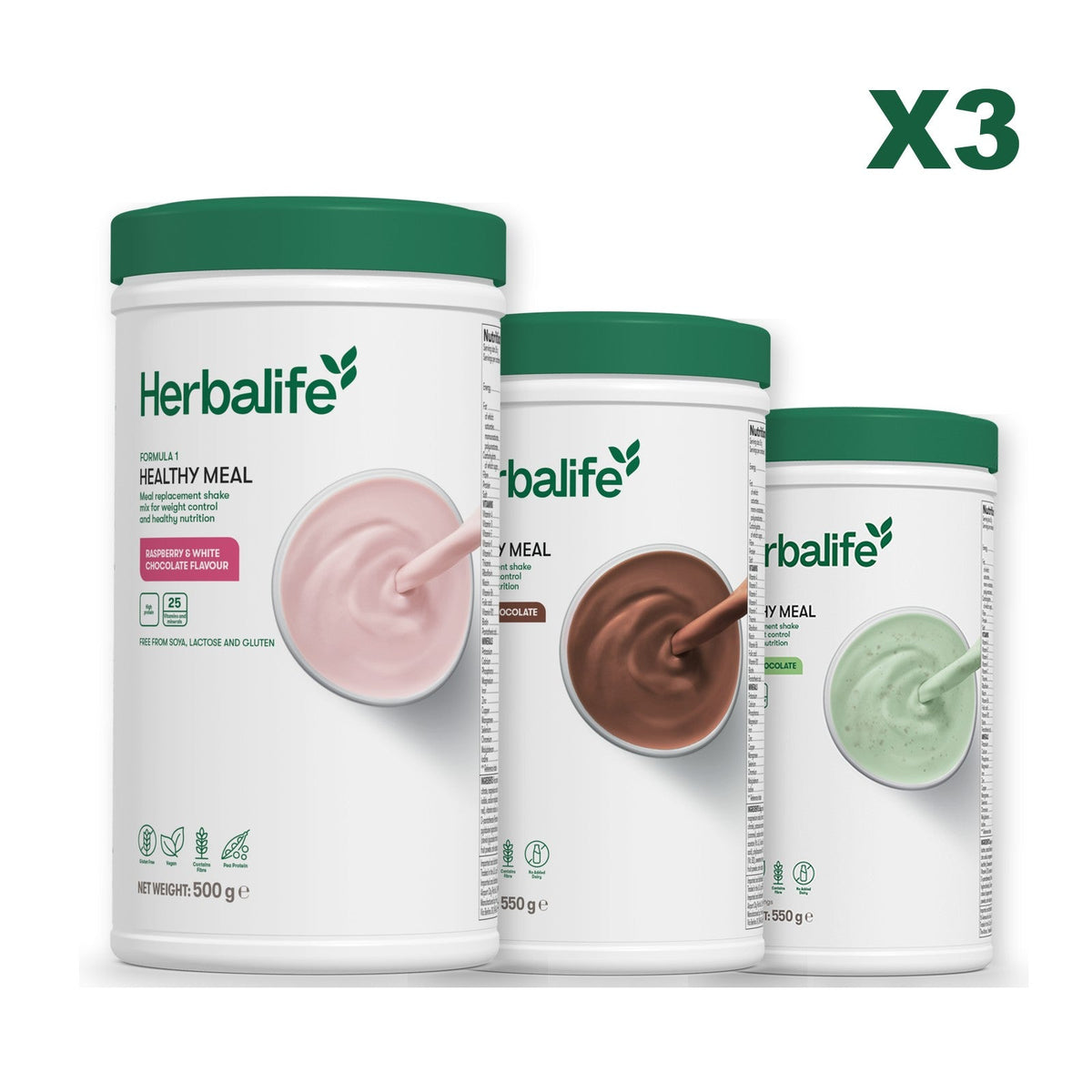 Three Formula 1 shake tubs led by Free From Raspberry and White Chocolate, plus two flavours you choose, Chocolate / Mint Chocolate