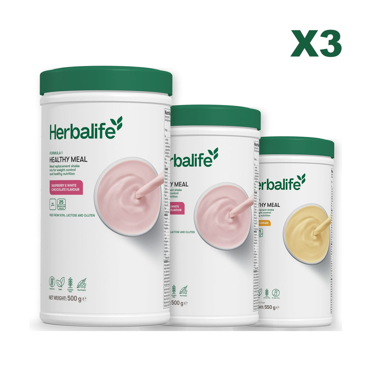 Three Formula 1 shake tubs led by Free From Raspberry and White Chocolate, plus two flavours you choose, Free From Raspberry & White Chocolate / Banana Cream