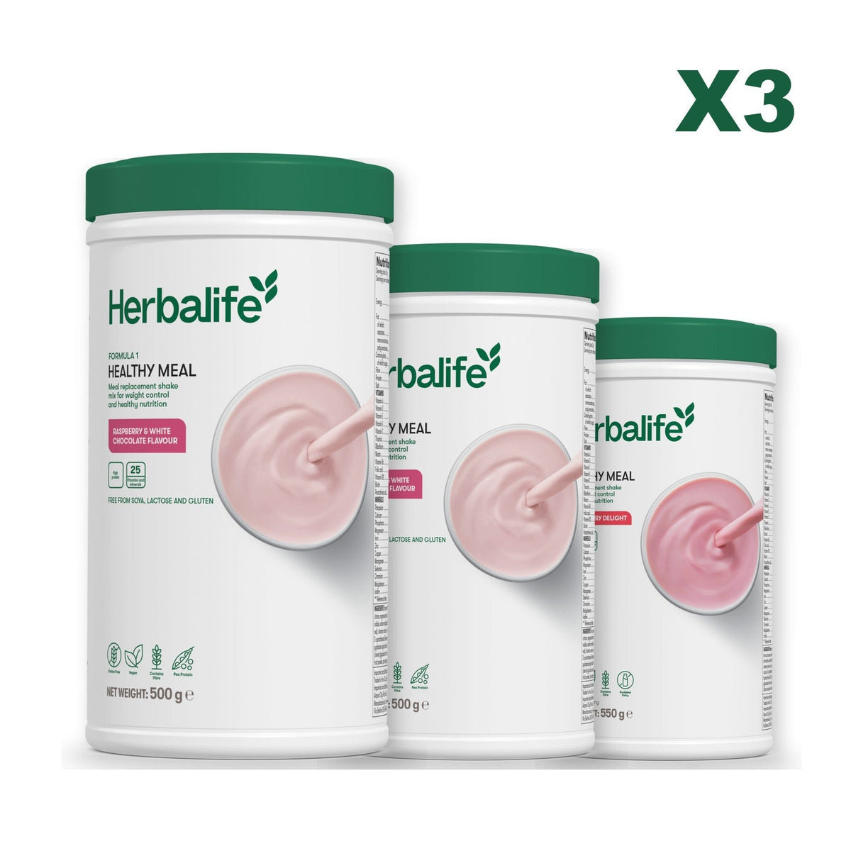 Three Formula 1 shake tubs led by Free From Raspberry and White Chocolate, plus two flavours you choose, Free From Raspberry & White Chocolate / Strawberry