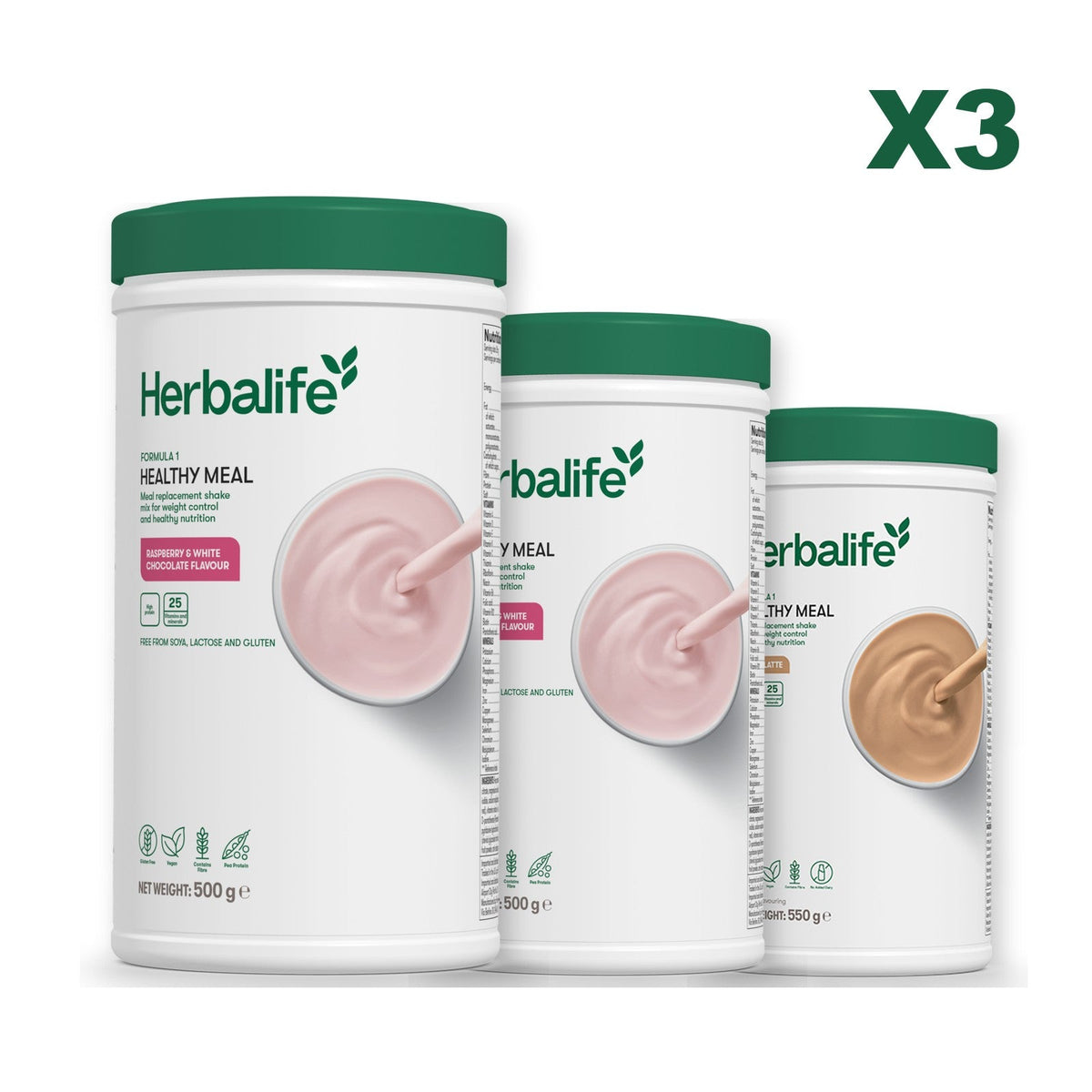 Three Formula 1 shake tubs led by Free From Raspberry and White Chocolate, plus two flavours you choose, Free From Raspberry & White Chocolate / Cafe Latte