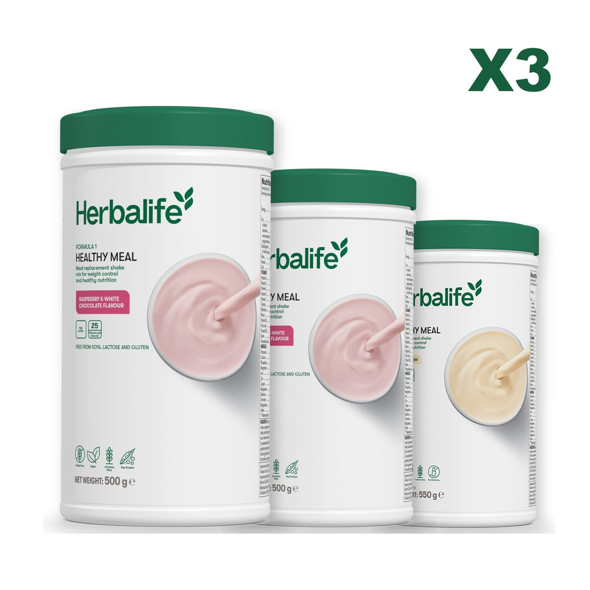 Three Formula 1 shake tubs led by Free From Raspberry and White Chocolate, plus two flavours you choose, Free From Raspberry & White Chocolate / Vanilla