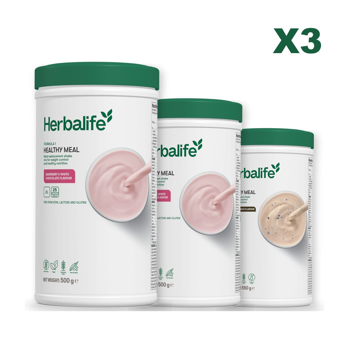 Three Formula 1 shake tubs led by Free From Raspberry and White Chocolate, plus two flavours you choose, Free From Raspberry & White Chocolate / Cookie Crunch
