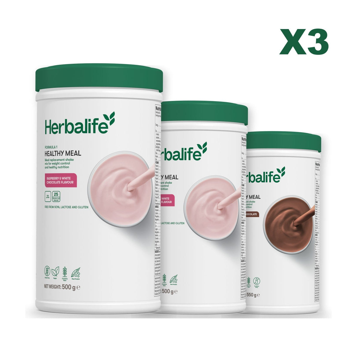 Three Formula 1 shake tubs led by Free From Raspberry and White Chocolate, plus two flavours you choose, Free From Raspberry & White Chocolate / Chocolate