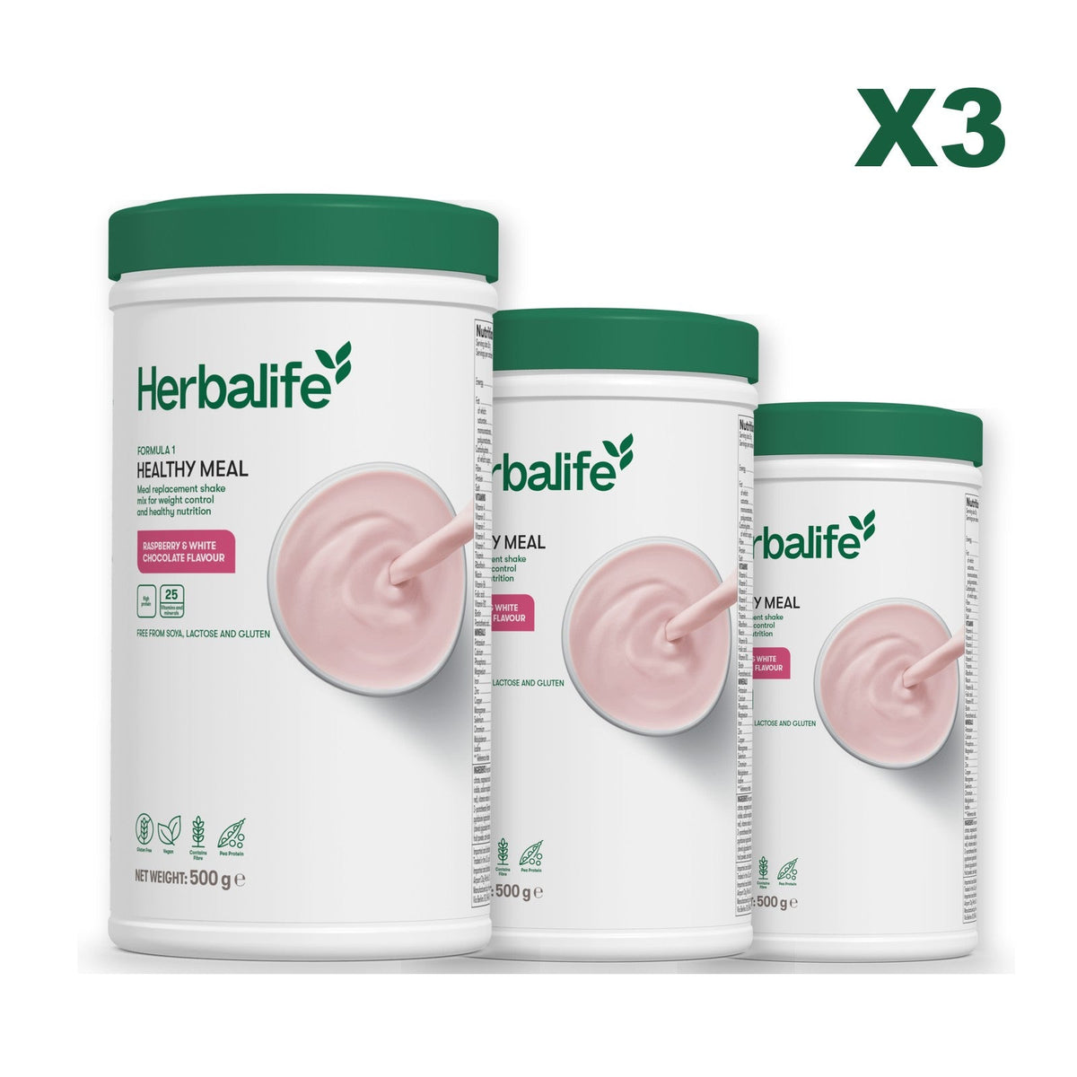 Three Formula 1 shake tubs led by Free From Raspberry and White Chocolate, plus two flavours you choose, Free From Raspberry & White Chocolate / Free From Raspberry & White Chocolate