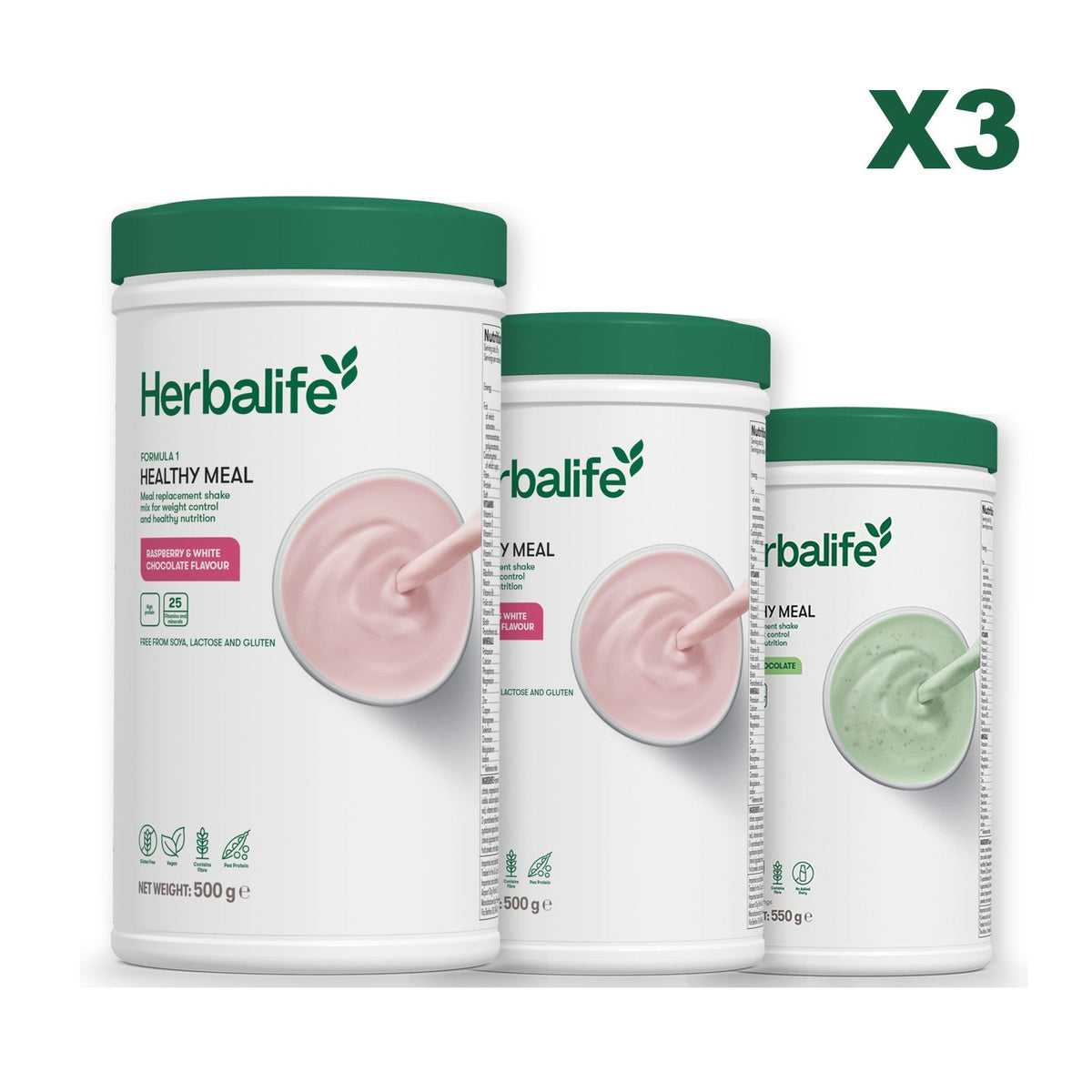 Three Formula 1 shake tubs led by Free From Raspberry and White Chocolate, plus two flavours you choose, Free From Raspberry & White Chocolate / Mint Chocolate
