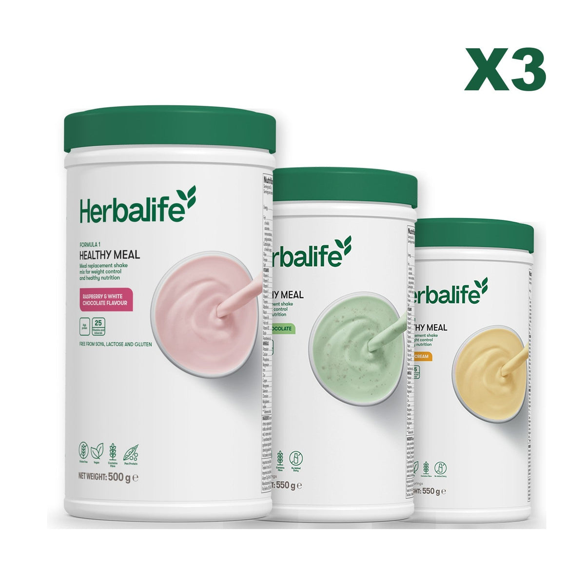 Three Formula 1 shake tubs led by Free From Raspberry and White Chocolate, plus two flavours you choose, Mint Chocolate / Banana Cream