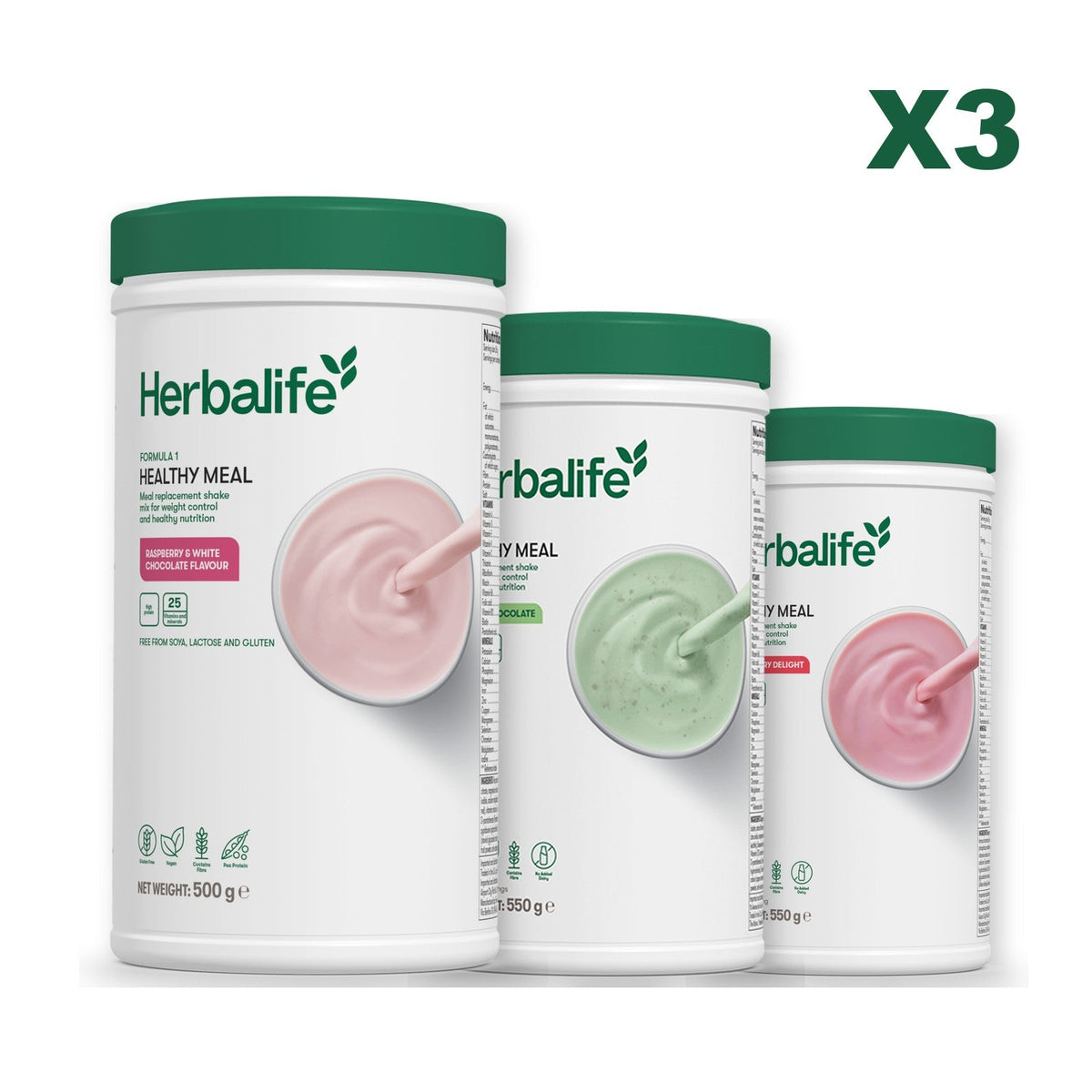 Three Formula 1 shake tubs led by Free From Raspberry and White Chocolate, plus two flavours you choose, Mint Chocolate / Strawberry