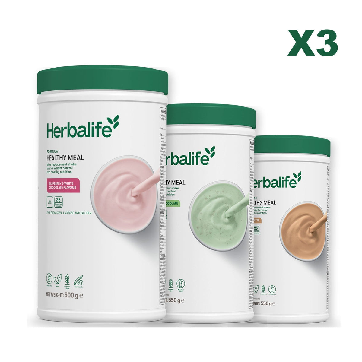 Three Formula 1 shake tubs led by Free From Raspberry and White Chocolate, plus two flavours you choose, Mint Chocolate / Cafe Latte