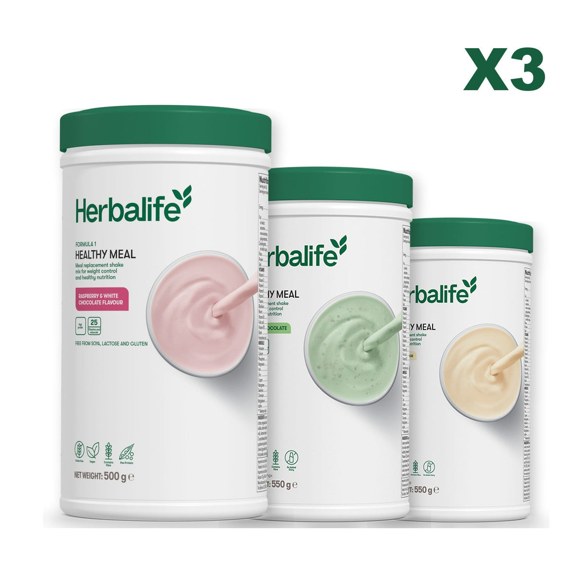 Three Formula 1 shake tubs led by Free From Raspberry and White Chocolate, plus two flavours you choose, Mint Chocolate / Vanilla
