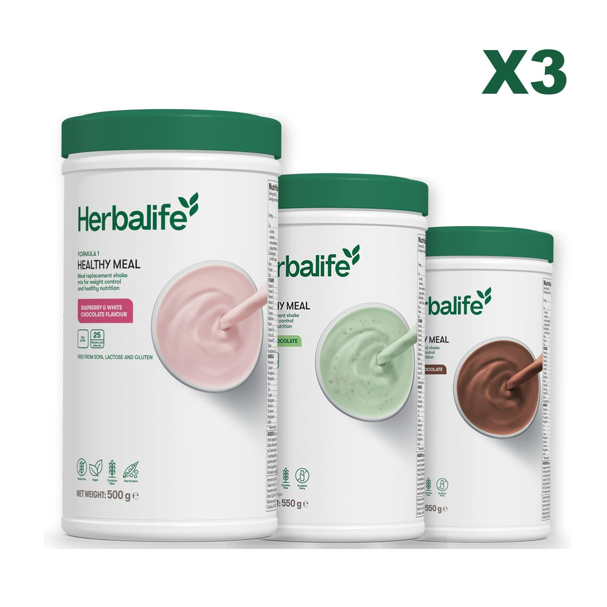 Three Formula 1 shake tubs led by Free From Raspberry and White Chocolate, plus two flavours you choose, Mint Chocolate / Chocolate