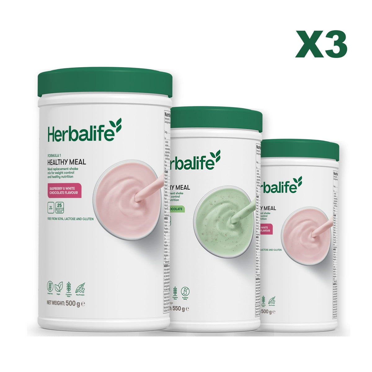 Three Formula 1 shake tubs led by Free From Raspberry and White Chocolate, plus two flavours you choose, Mint Chocolate / Free From Raspberry & White Chocolate