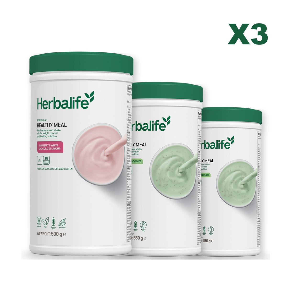 Three Formula 1 shake tubs led by Free From Raspberry and White Chocolate, plus two flavours you choose, Mint Chocolate / Mint Chocolate