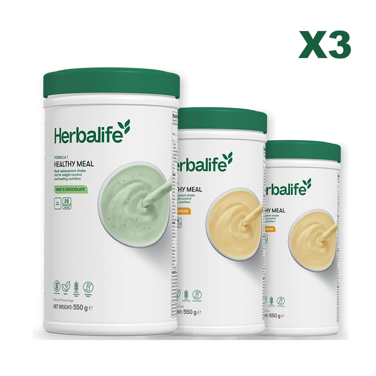 Three Formula 1 shake tubs led by Mint Chocolate, plus two flavours you choose, Banana Cream / Banana Cream