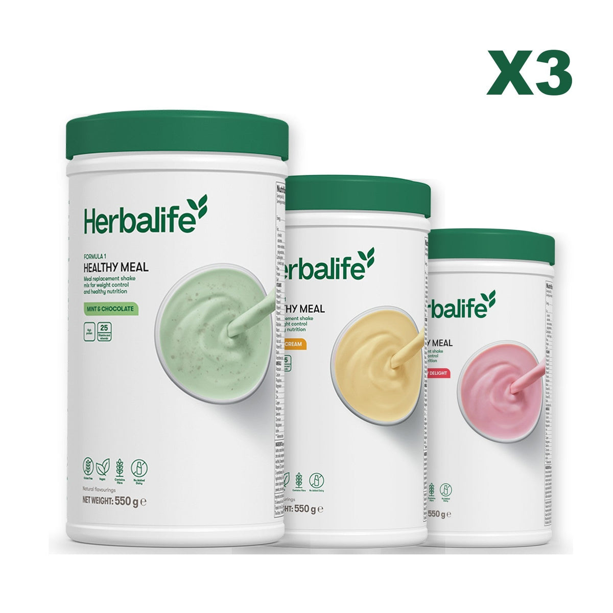 Three Formula 1 shake tubs led by Mint Chocolate, plus two flavours you choose, Banana Cream / Strawberry