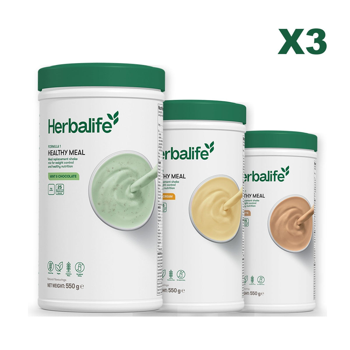 Three Formula 1 shake tubs led by Mint Chocolate, plus two flavours you choose, Banana Cream / Cafe Latte
