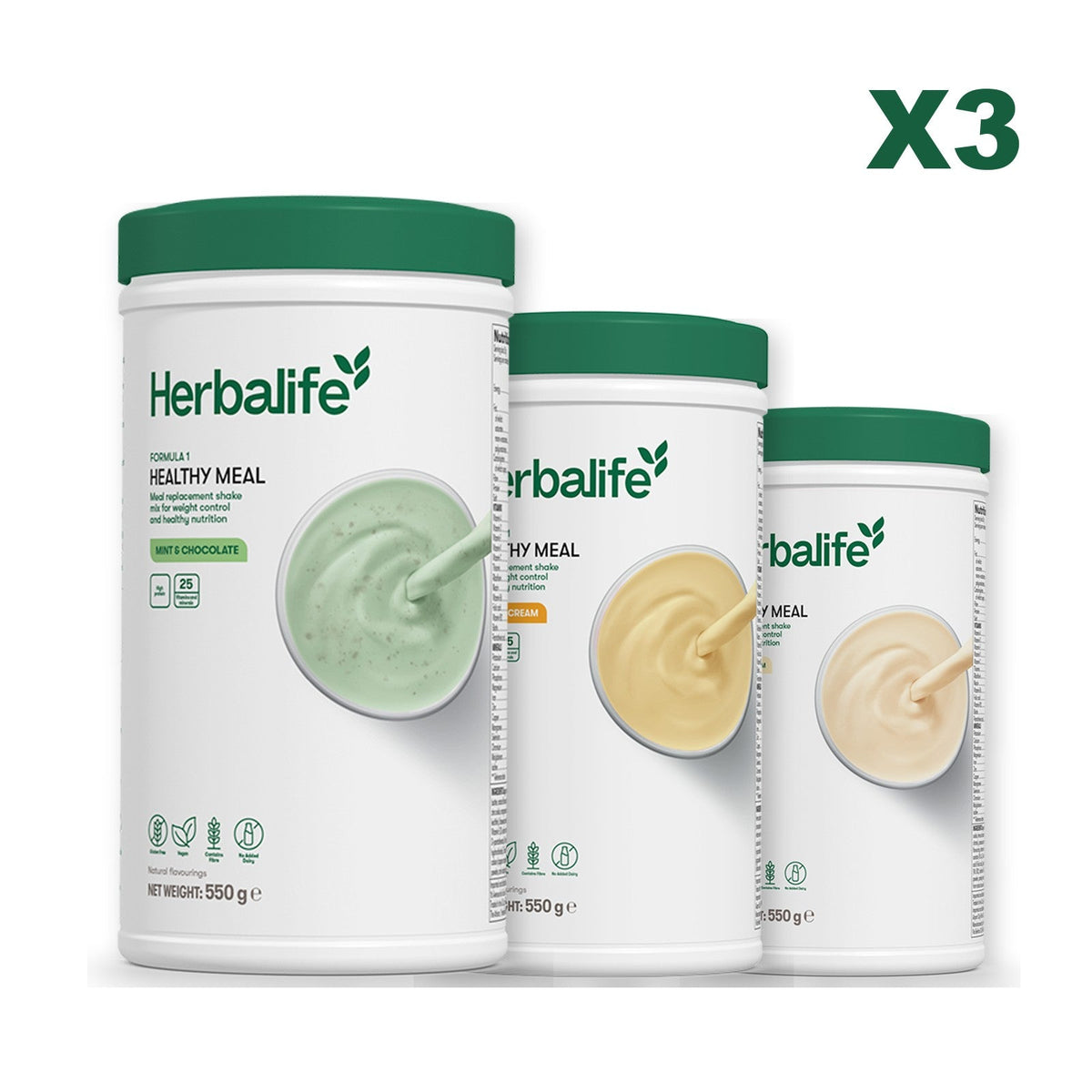 Three Formula 1 shake tubs led by Mint Chocolate, plus two flavours you choose, Banana Cream / Vanilla