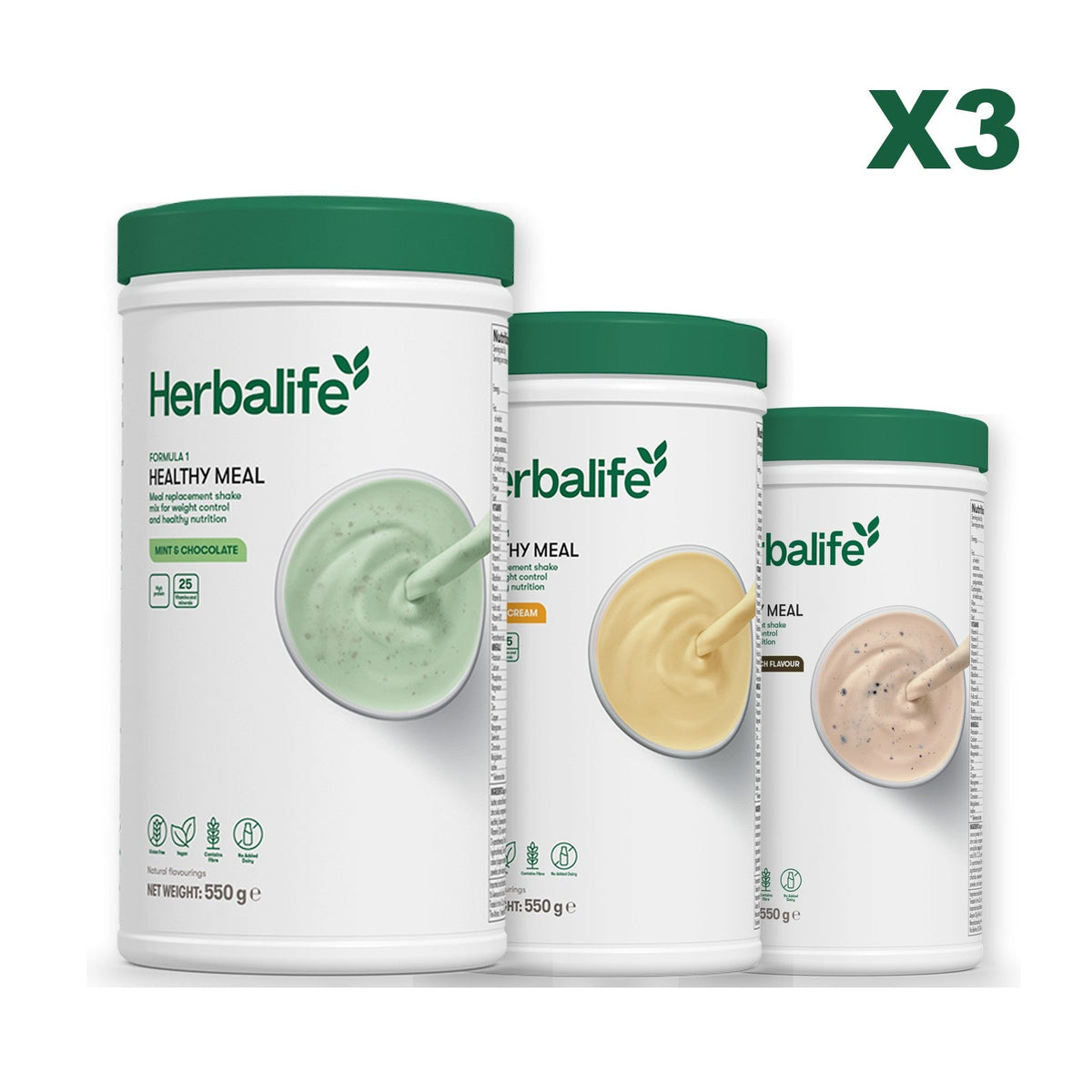 Three Formula 1 shake tubs led by Mint Chocolate, plus two flavours you choose, Banana Cream / Cookie Crunch