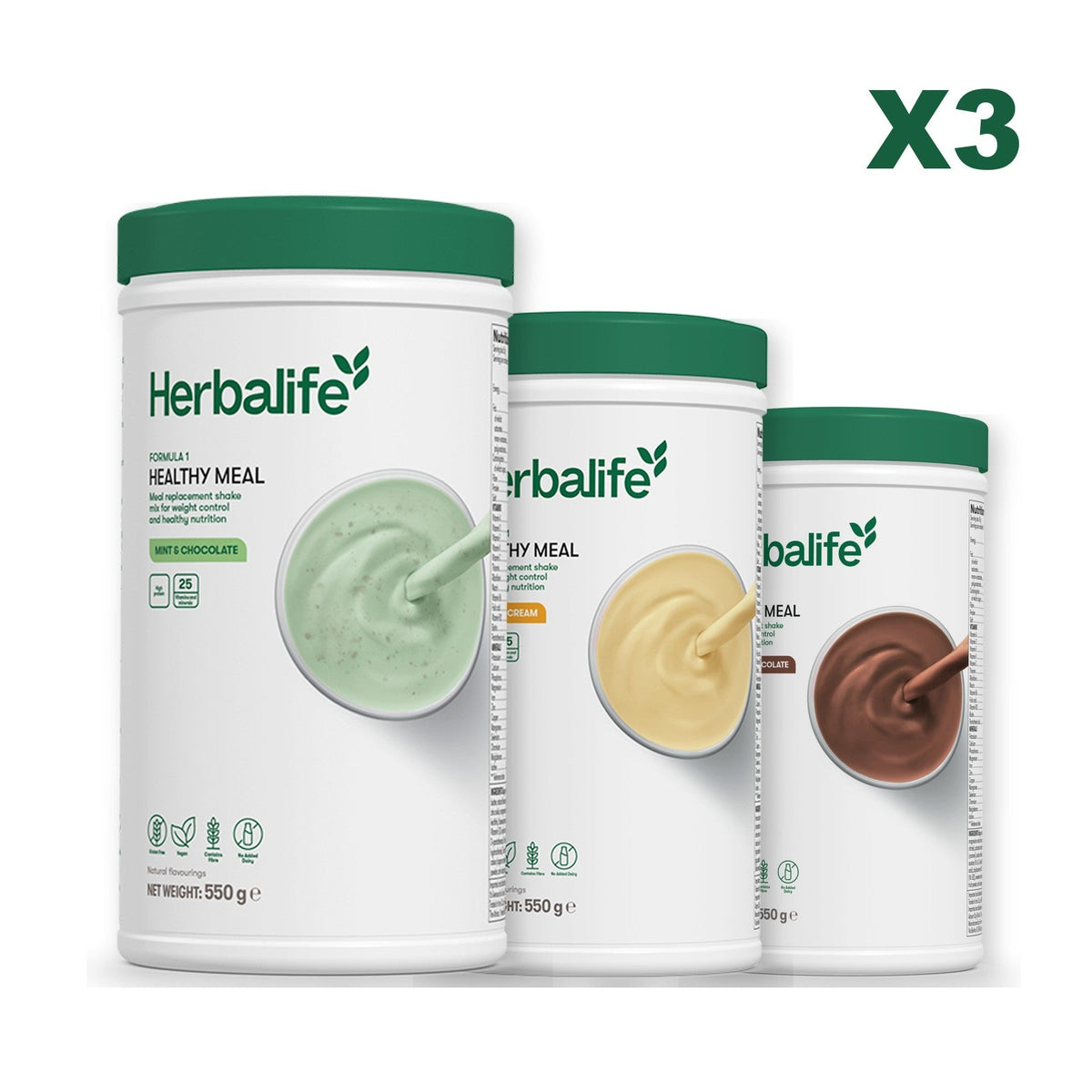 Three Formula 1 shake tubs led by Mint Chocolate, plus two flavours you choose, Banana Cream / Chocolate