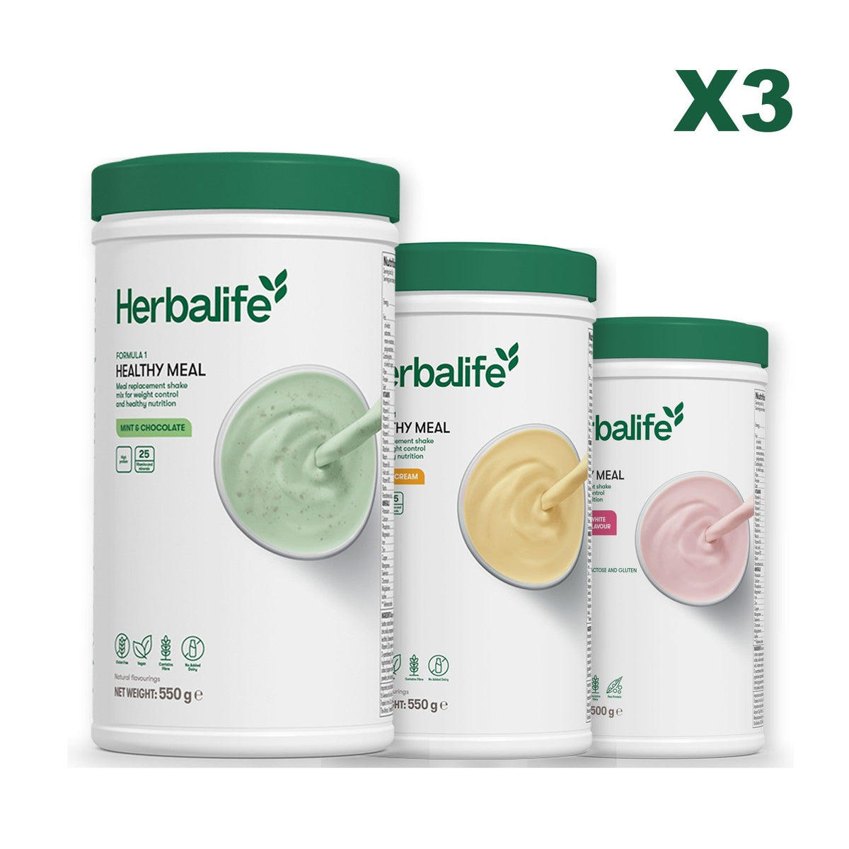 Three Formula 1 shake tubs led by Mint Chocolate, plus two flavours you choose, Banana Cream / Free From Raspberry & White Chocolate