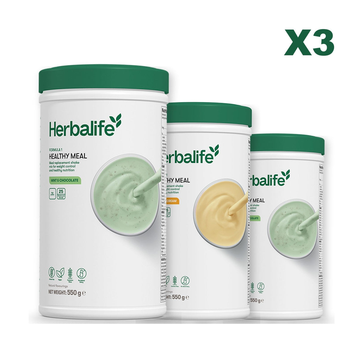 Three Formula 1 shake tubs led by Mint Chocolate, plus two flavours you choose, Banana Cream / Mint Chocolate