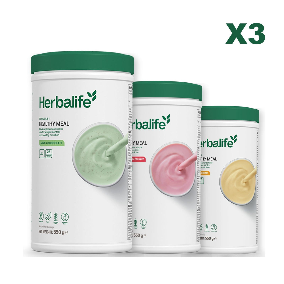 Three Formula 1 shake tubs led by Mint Chocolate, plus two flavours you choose, Strawberry / Banana Cream