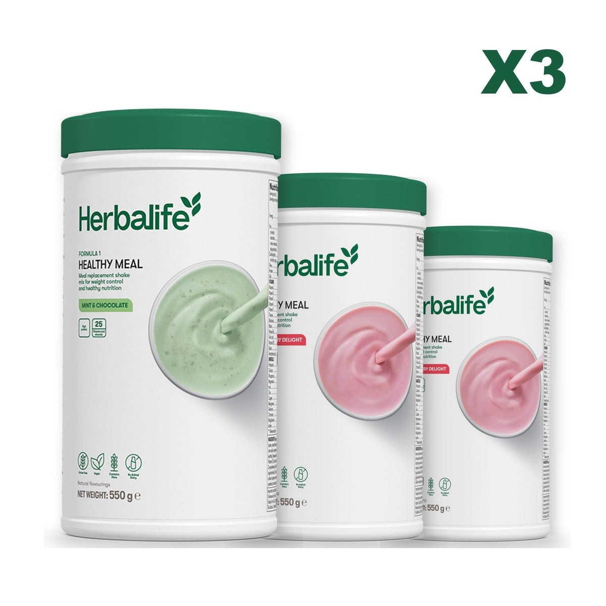 Three Formula 1 shake tubs led by Mint Chocolate, plus two flavours you choose, Strawberry / Strawberry