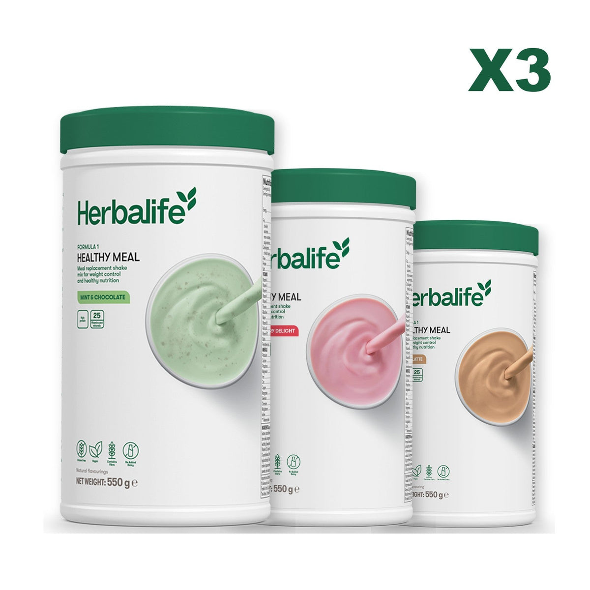 Three Formula 1 shake tubs led by Mint Chocolate, plus two flavours you choose, Strawberry / Cafe Latte