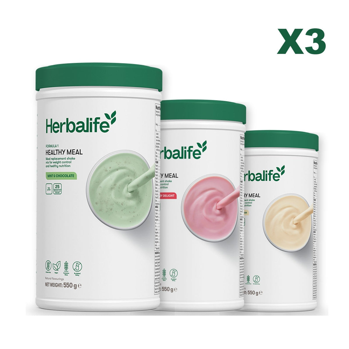 Three Formula 1 shake tubs led by Mint Chocolate, plus two flavours you choose, Strawberry / Vanilla