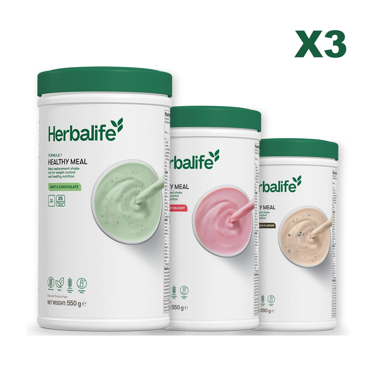 Three Formula 1 shake tubs led by Mint Chocolate, plus two flavours you choose, Strawberry / Cookie Crunch