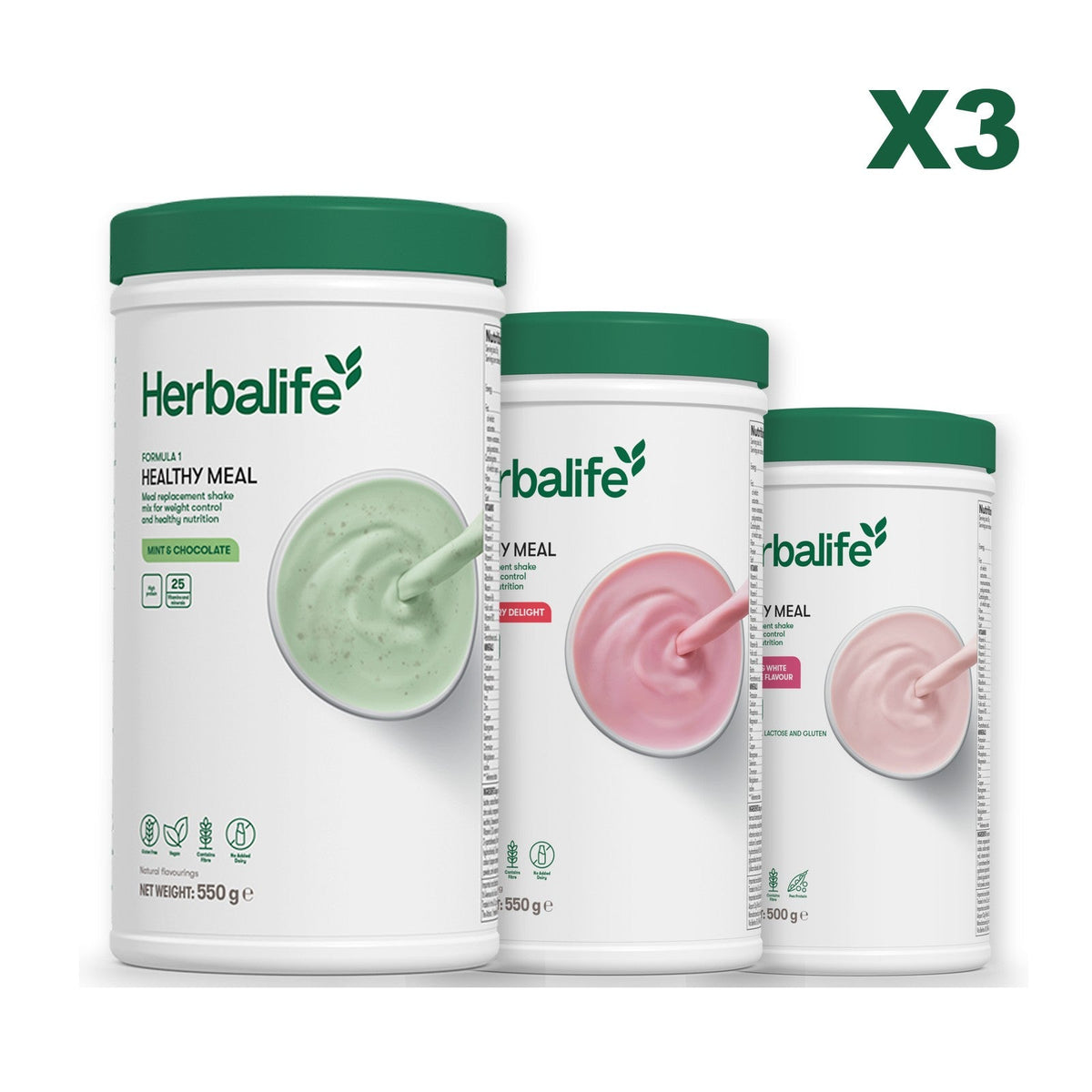 Three Formula 1 shake tubs led by Mint Chocolate, plus two flavours you choose, Strawberry / Free From Raspberry & White Chocolate