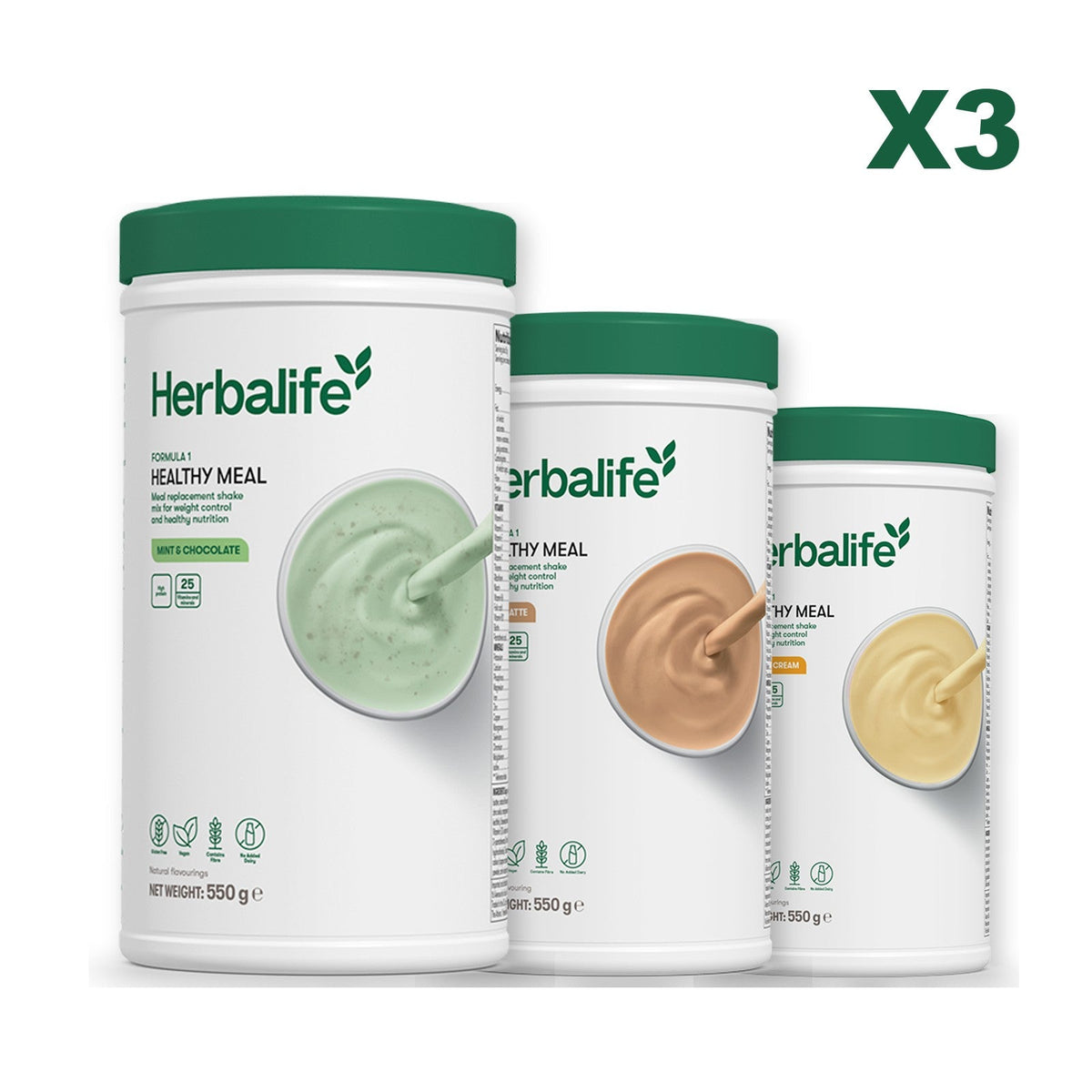 Three Formula 1 shake tubs led by Mint Chocolate, plus two flavours you choose, Cafe Latte / Banana Cream