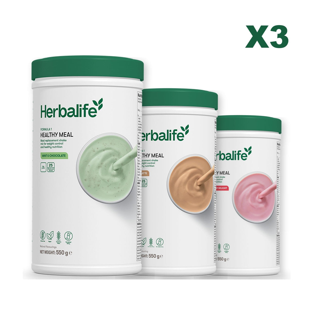 Three Formula 1 shake tubs led by Mint Chocolate, plus two flavours you choose, Cafe Latte / Strawberry