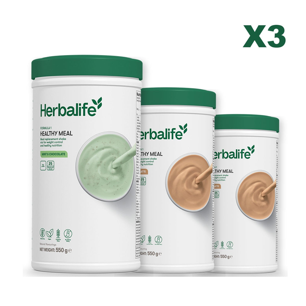 Three Formula 1 shake tubs led by Mint Chocolate, plus two flavours you choose, Cafe Latte / Cafe Latte