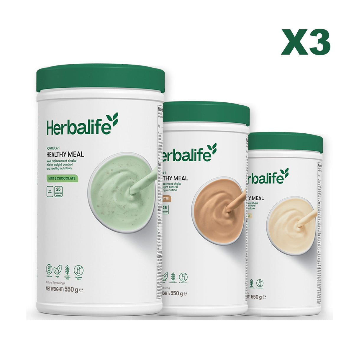 Three Formula 1 shake tubs led by Mint Chocolate, plus two flavours you choose, Cafe Latte / Vanilla