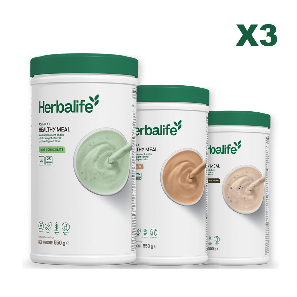 Three Formula 1 shake tubs led by Mint Chocolate, plus two flavours you choose, Cafe Latte / Cookie Crunch