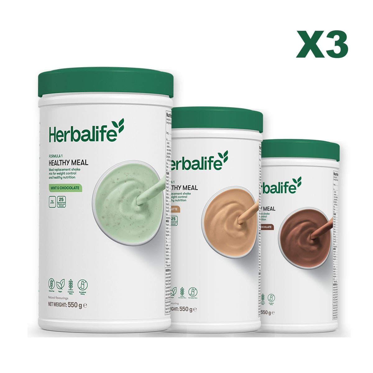 Three Formula 1 shake tubs led by Mint Chocolate, plus two flavours you choose, Cafe Latte / Chocolate