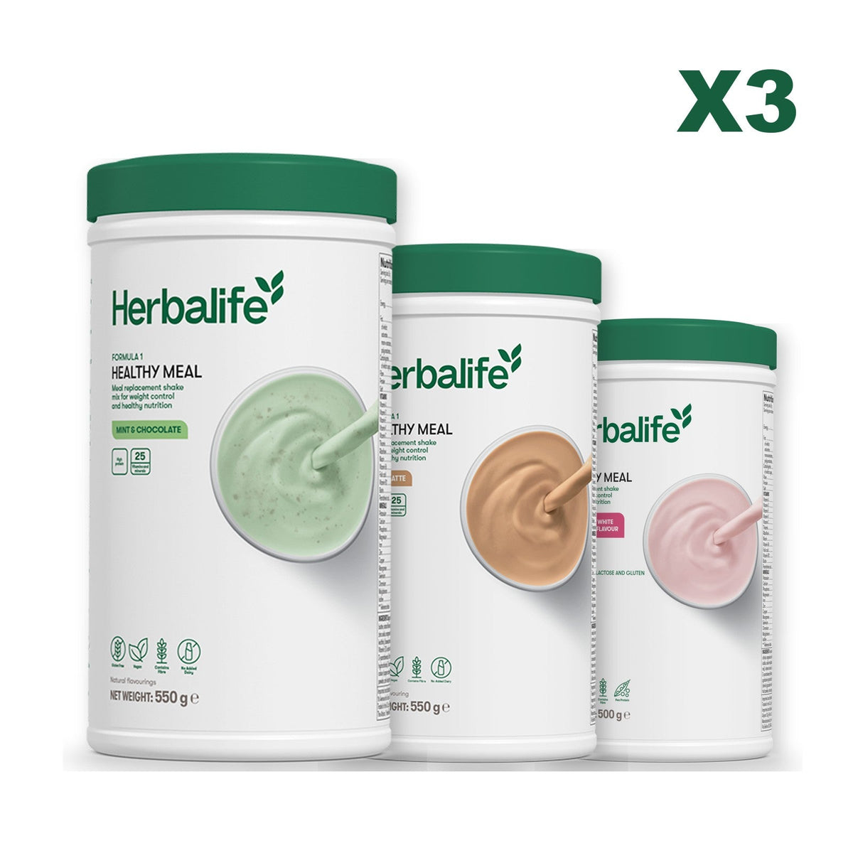 Three Formula 1 shake tubs led by Mint Chocolate, plus two flavours you choose, Cafe Latte / Free From Raspberry & White Chocolate