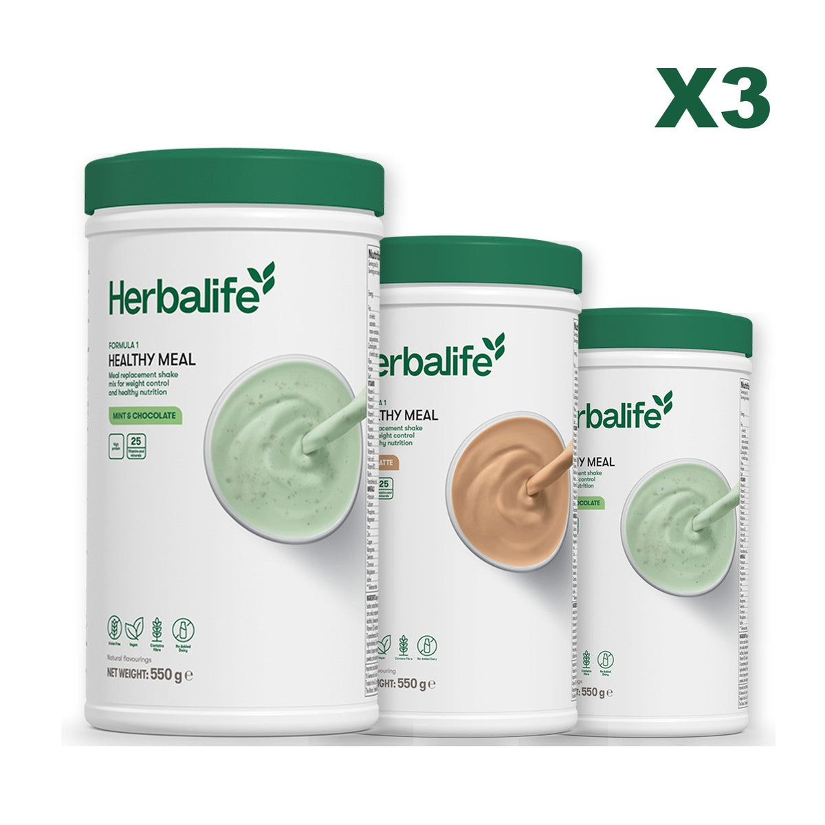 Three Formula 1 shake tubs led by Mint Chocolate, plus two flavours you choose, Cafe Latte / Mint Chocolate